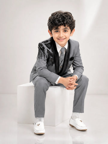Boys Grey 3-Piece Formal Suit with Black Embellished Blazer