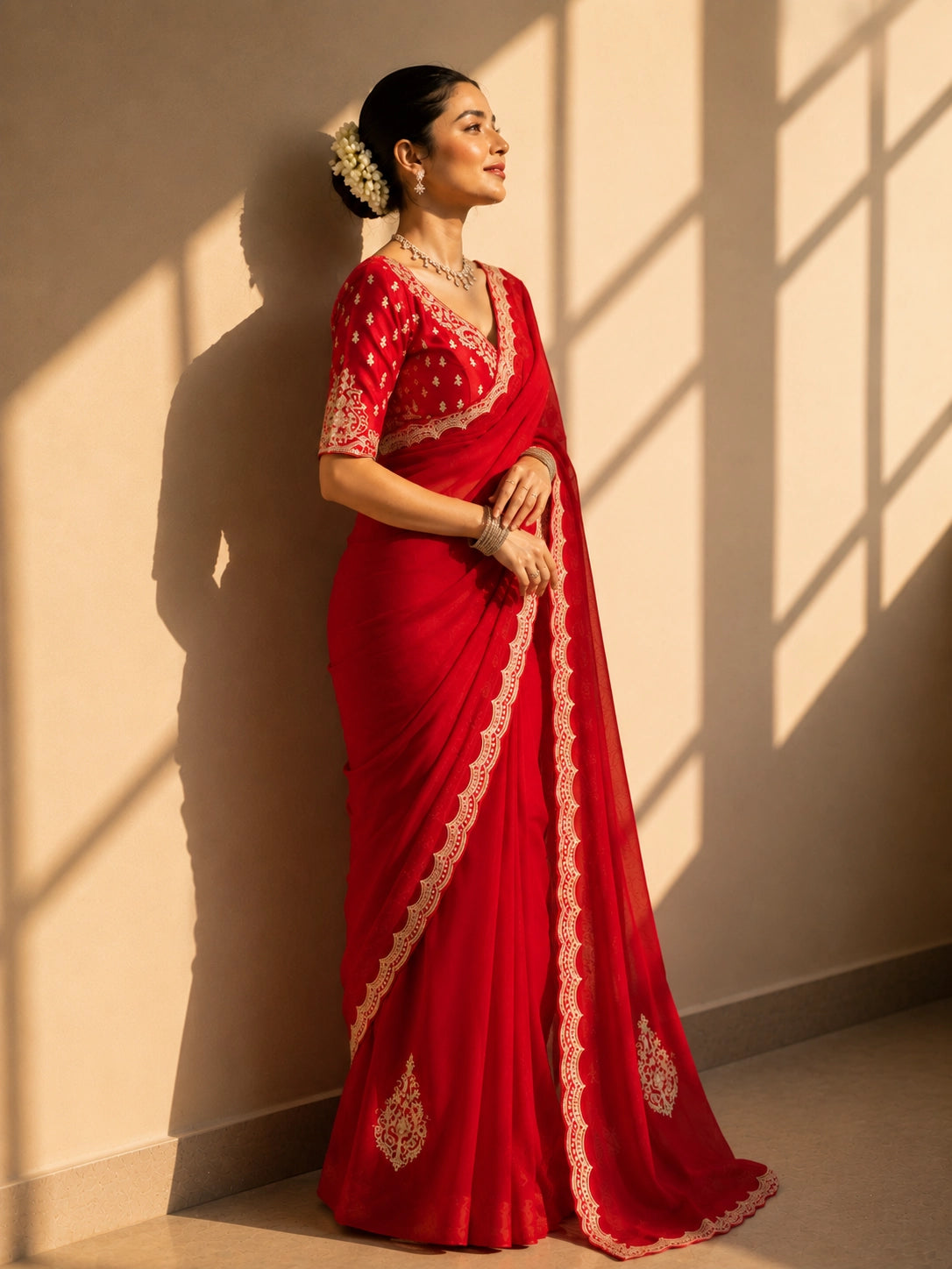 Elegant Red Embroidered Saree with Designer Lace Border | Wedding & Party Wear Saree
