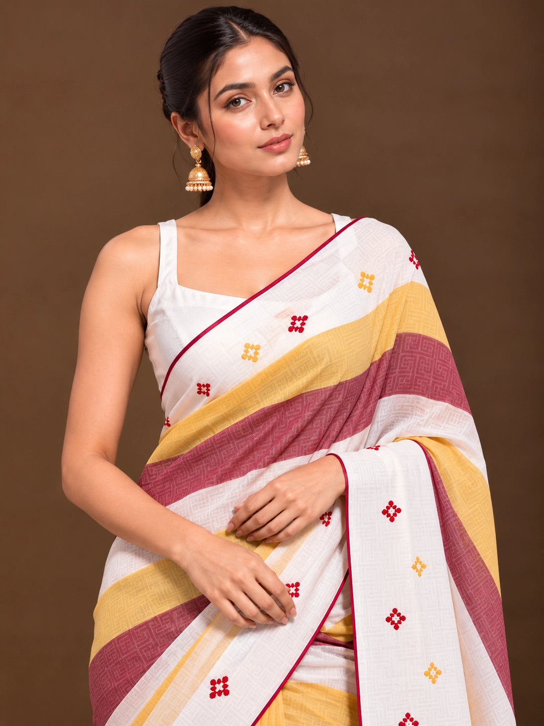 Designer Striped Cotton Saree with Floral Motifs & Contrast Border