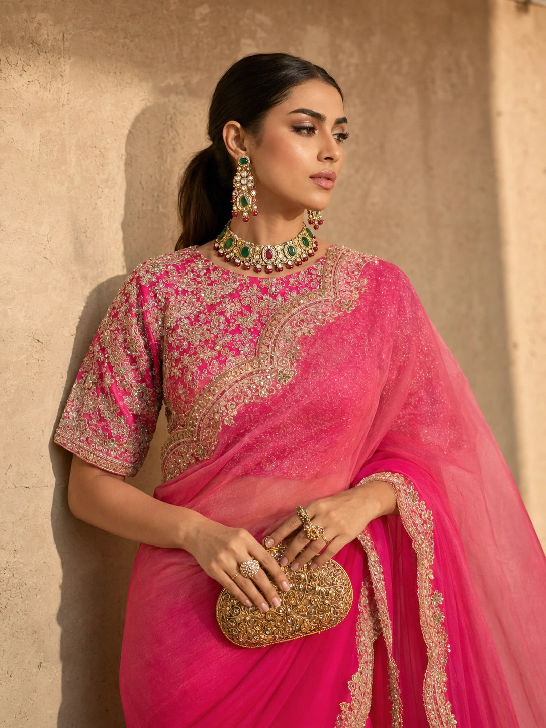 Orange Embroidered Designer Organza Saree with Unstitched Blouse for Women
