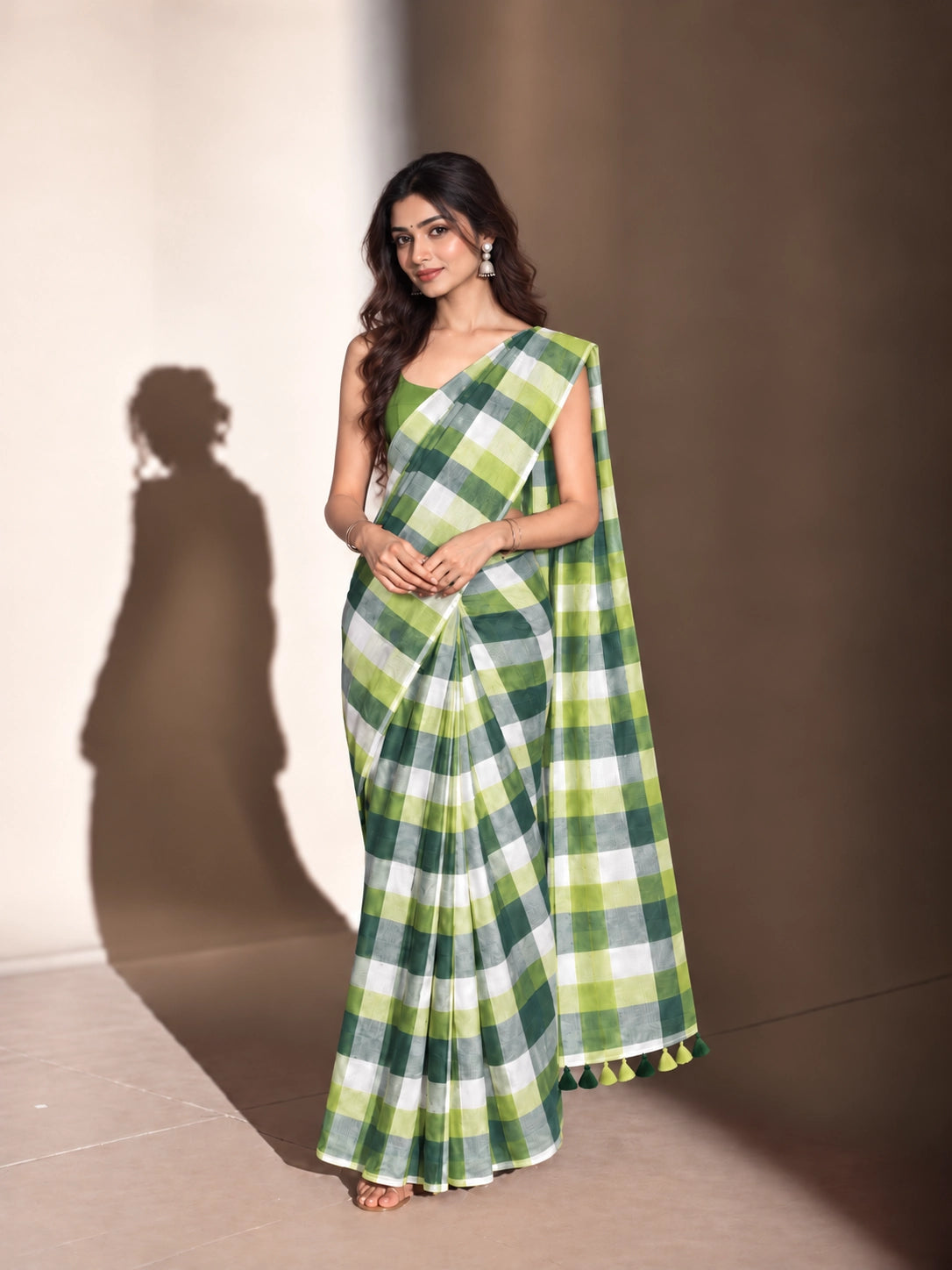 Designer Woven Saree with Checks Pattern & Elegant Tassel Border