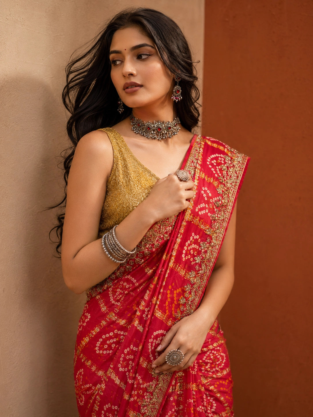 Traditional Red Bandhej Saree with Golden Print Work