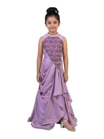 purple embellished party gown for girls with draped design synthetic kids ethnic dress