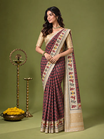 Elegant Purple Ikat Saree  with Golden Blouse