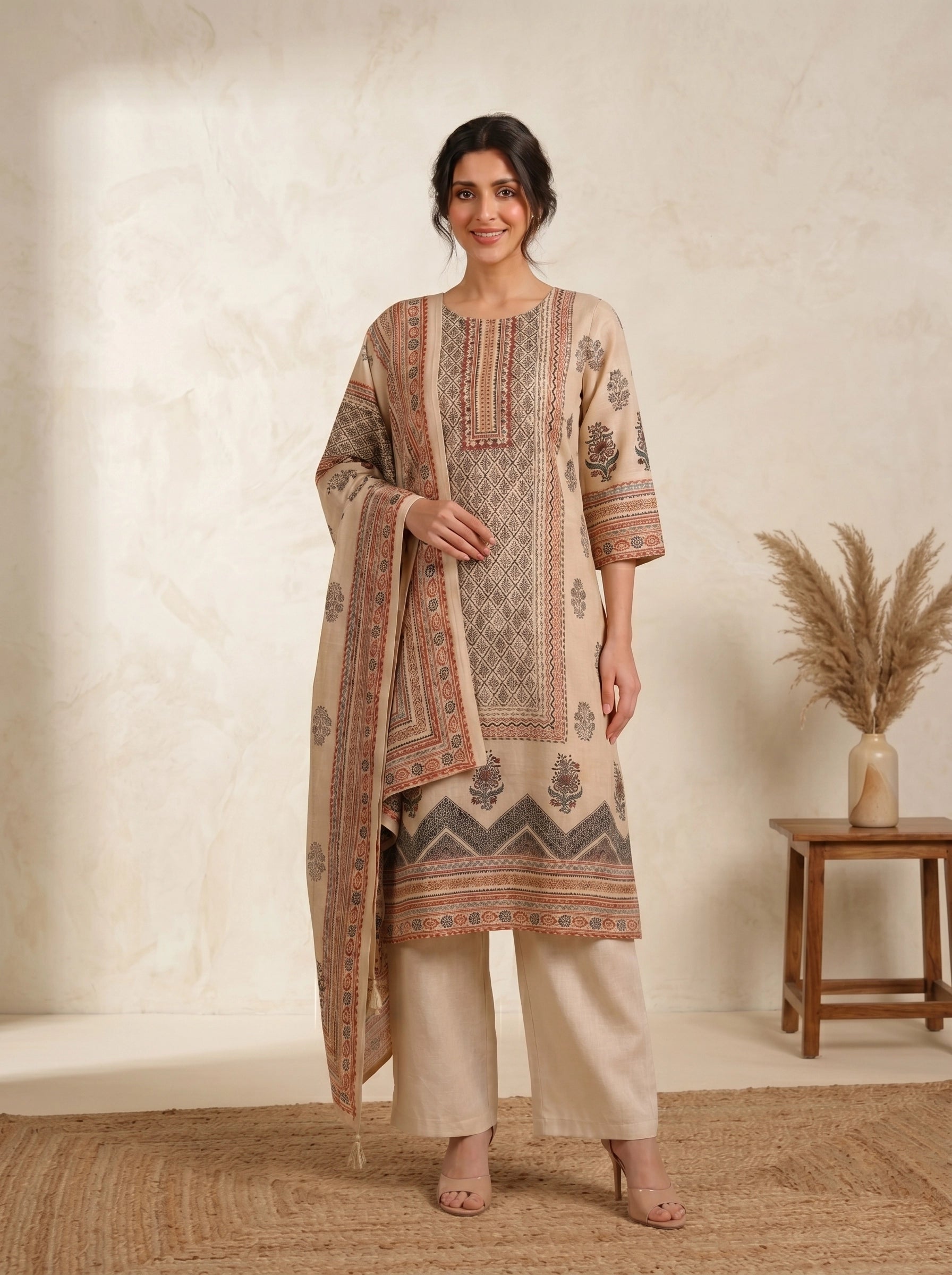 Elegant Beige Printed Kurti and Pants Set with Scarf