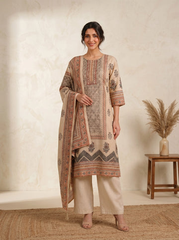 Elegant Beige Printed Kurti and Pants Set with Scarf