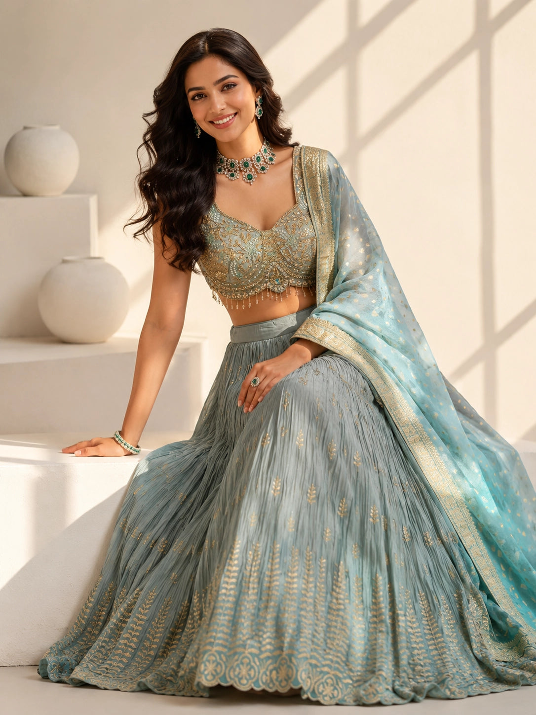 Grey Embroidered Lehenga Set with Sequins Blouse & Dupatta for Women