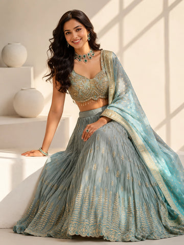 Grey Embroidered Lehenga Set with Sequins Blouse & Dupatta for Women