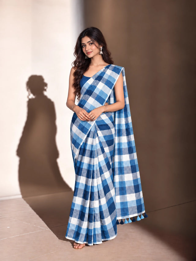 Designer Woven Saree with Checks Pattern & Elegant Tassel Border