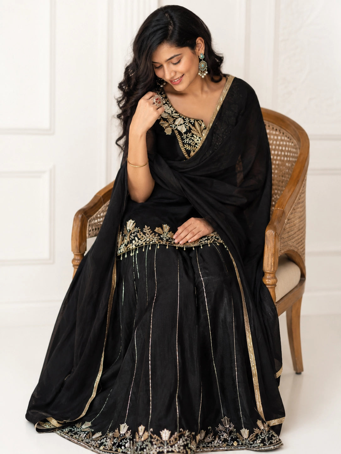 Black Embroidered Sharara Set with Dupatta for Women