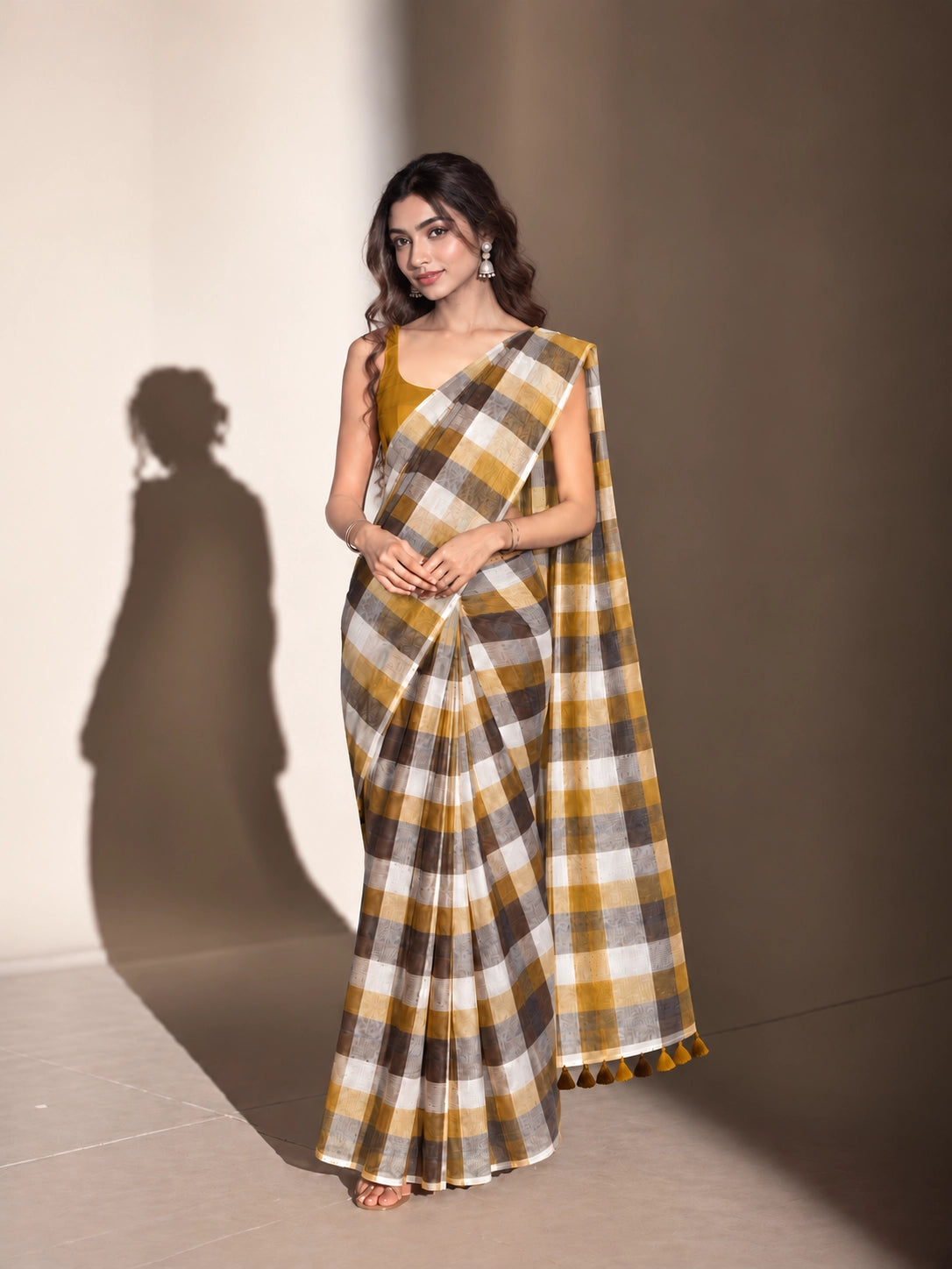 Designer Woven Saree with Checks Pattern & Elegant Tassel Border
