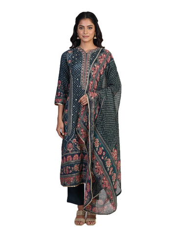 teal multi printed kurti set for women with floral design dupatta and straight pants ethnic wear