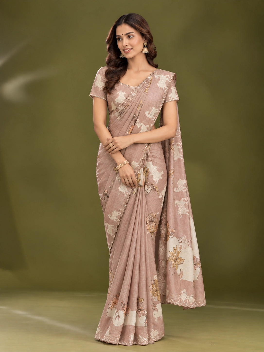 Elegant  Peach Floral Saree with Shimmering Golden Blouse