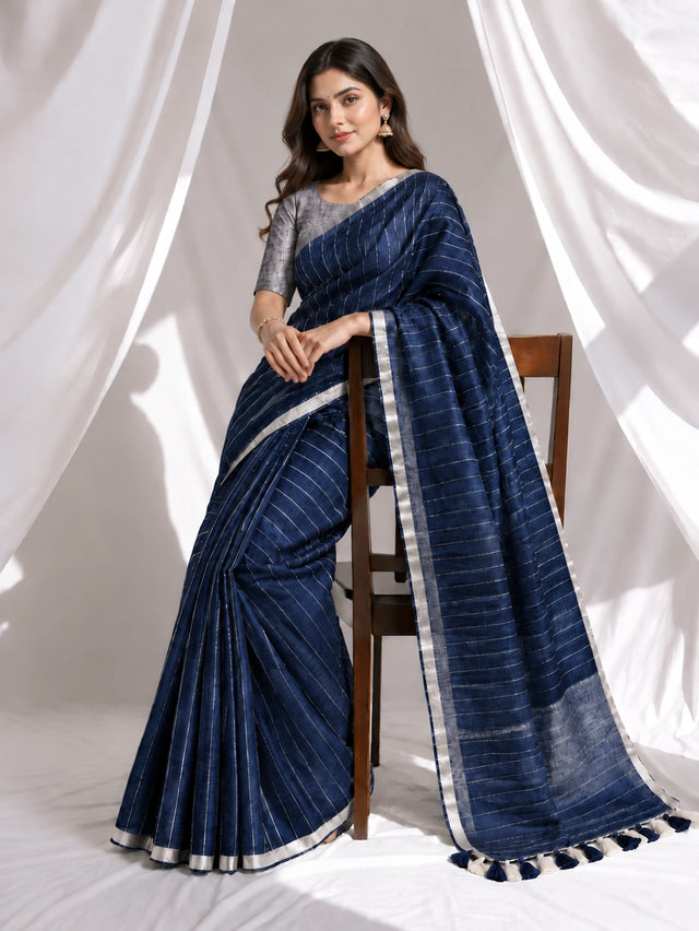 Striped Woven Saree with Metallic Border & Tassel Pallu | Elegant Ethnic Saree