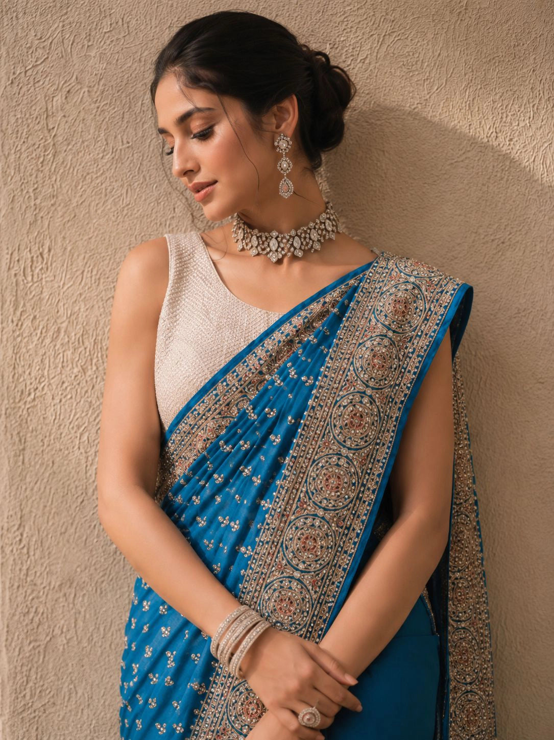 Firozi Embroidered Designer Saree with Intricate Zari Border