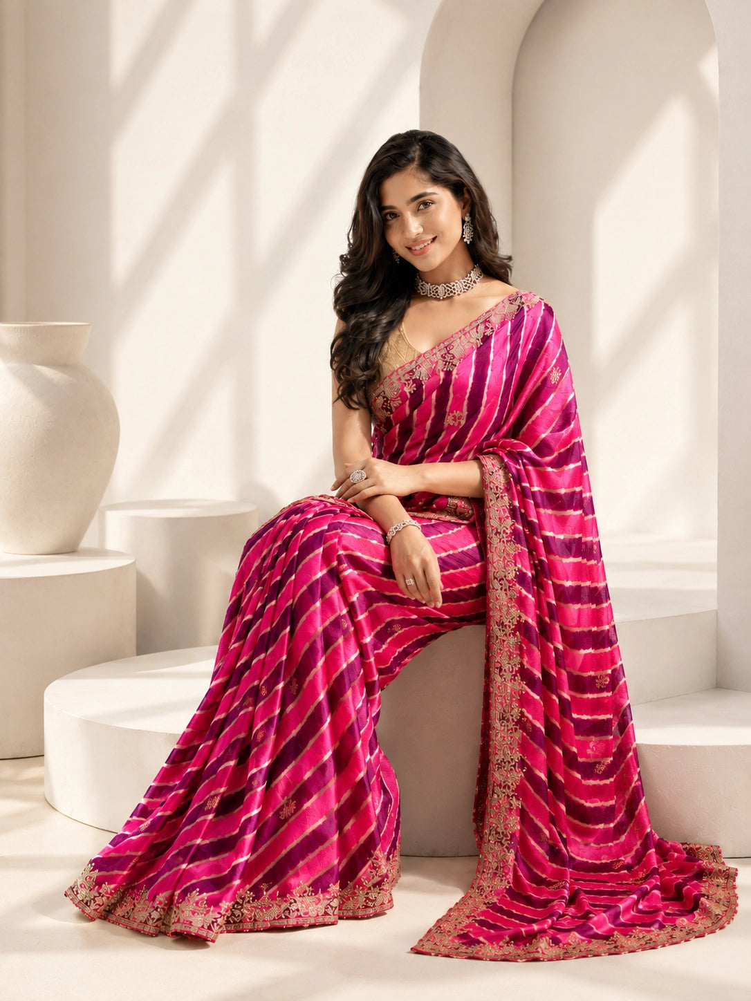Rani Color Silk Saree with Embroidered Border | Festive & Wedding Wear
