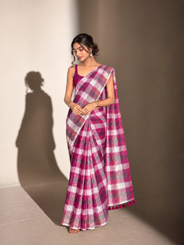 Designer Woven Saree with Checks Pattern & Elegant Tassel Border