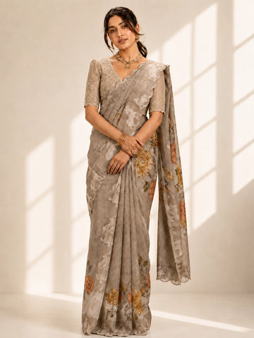 Elegant  Peach Floral Saree with Shimmering Golden Blouse