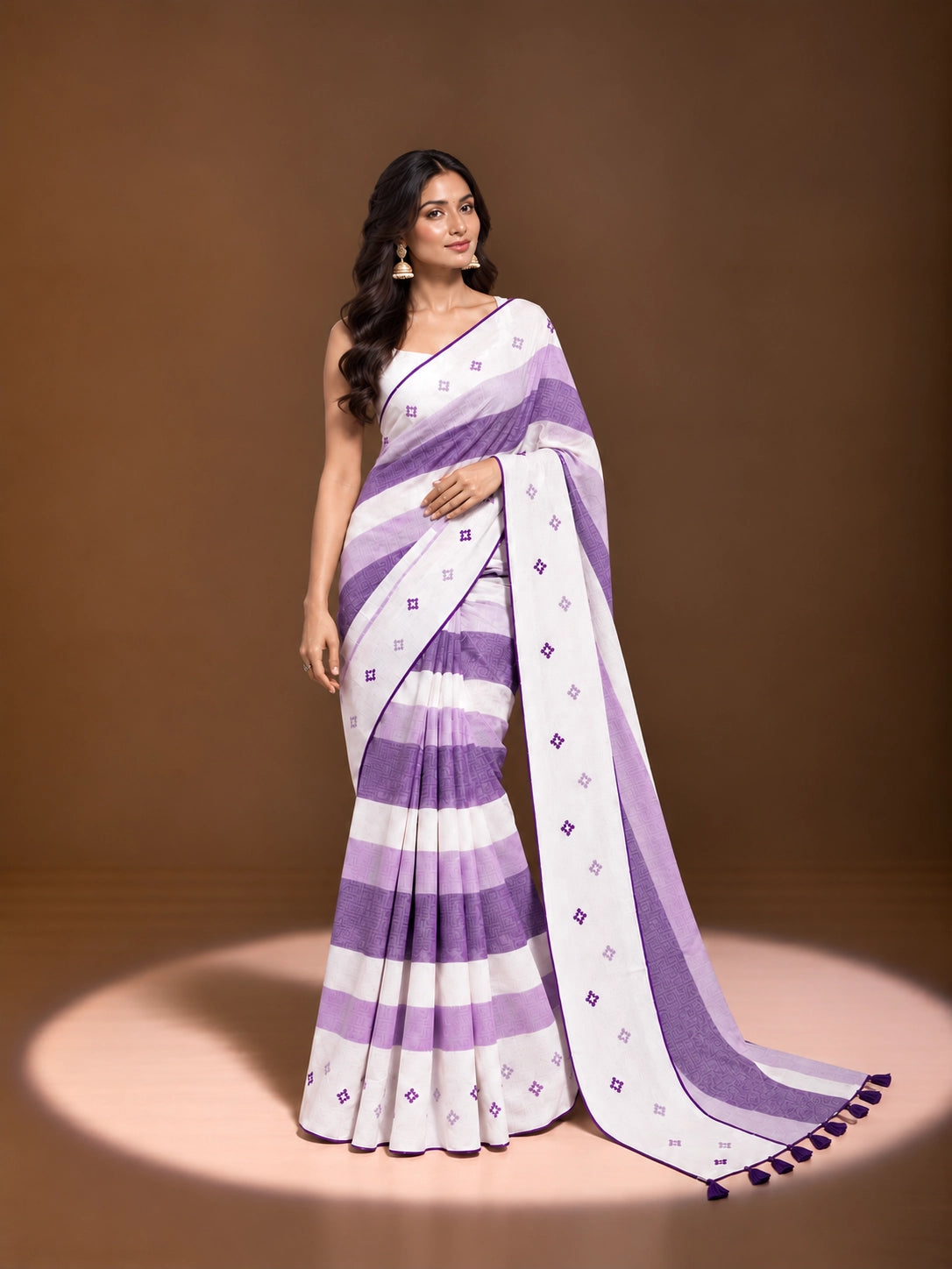 Designer Striped Cotton Saree with Floral Motifs & Contrast Border