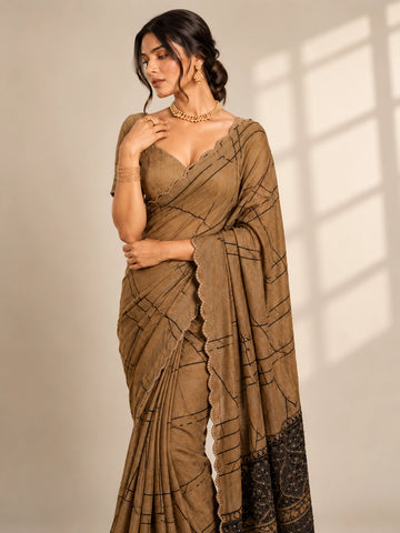 Elegant Brown  Saree with Geometric Print and Embellished Border