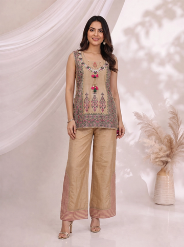 Beige Printed Kurti Set with Embroidered Neckline & Kurti Pants