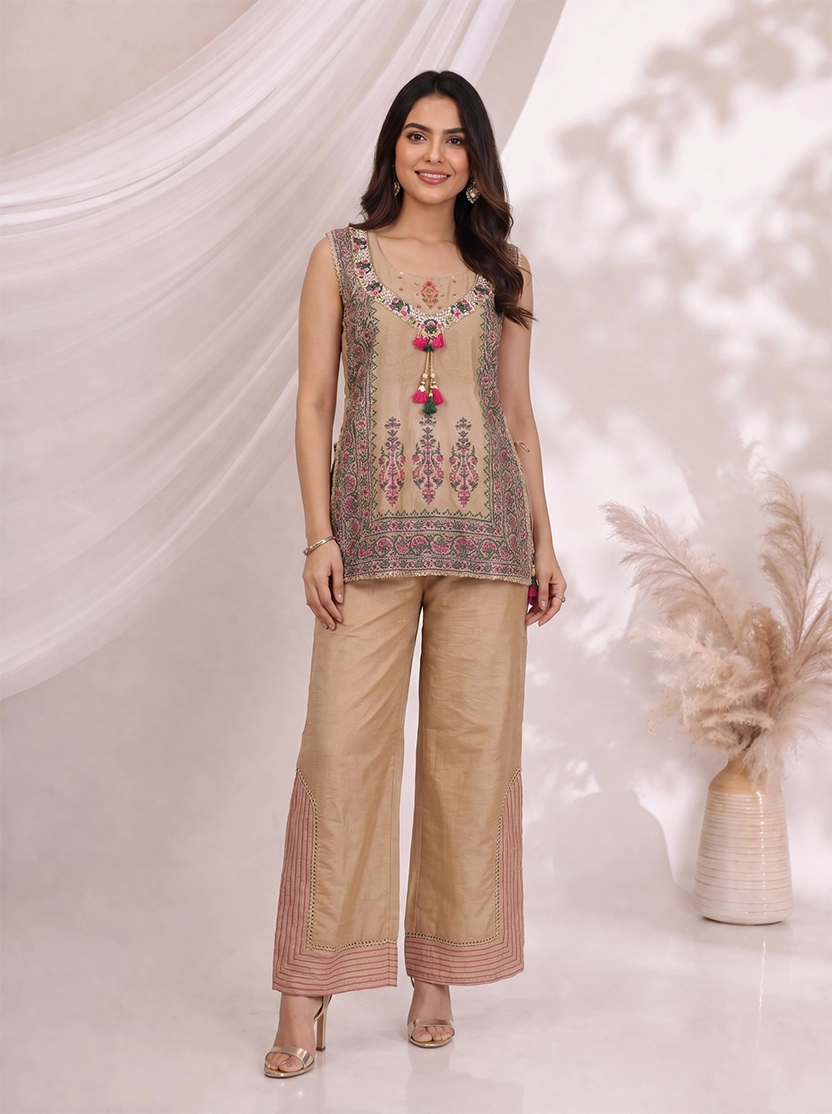 Beige Printed Kurti Set with Embroidered Neckline & Kurti Pants