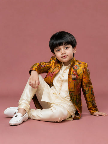 Boys Yellow Brocade Indo-Western Sherwani Set with Cream Kurta & Pajama