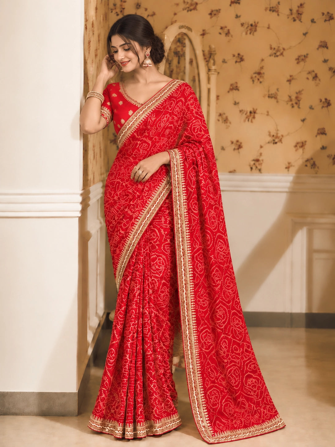 Red Printed Saree with Intricate Zari Border
