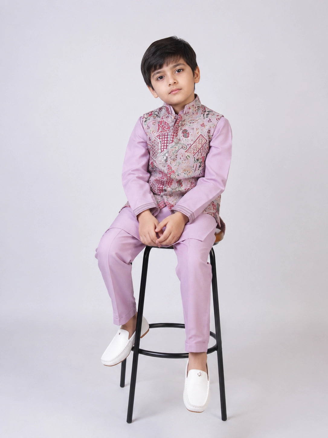 Lavender Printed Kurta Set with Nehru Jacket for Boys – Festive Ethnic Wear