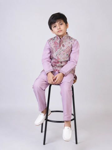 Lavender Printed Kurta Set with Nehru Jacket for Boys – Festive Ethnic Wear