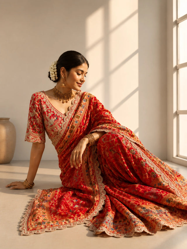 Red Floral Printed Designer Saree | Wedding & Festive Wear Saree