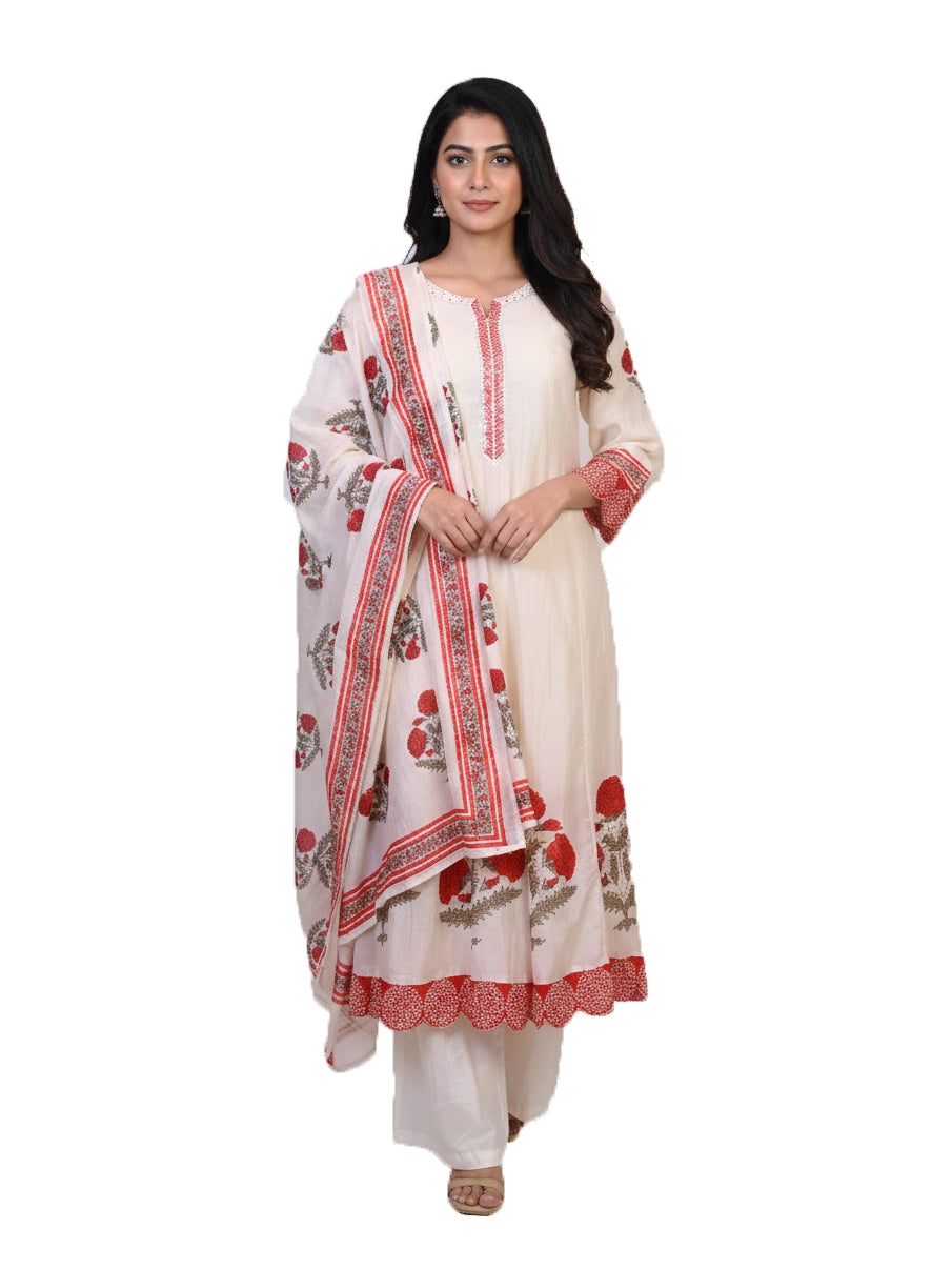 multi color floral printed kurti set for women with dupatta and straight pants cream base ethnic wear