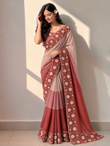 Elegant Red Ombre Saree  with Intricate Floral Embroidery