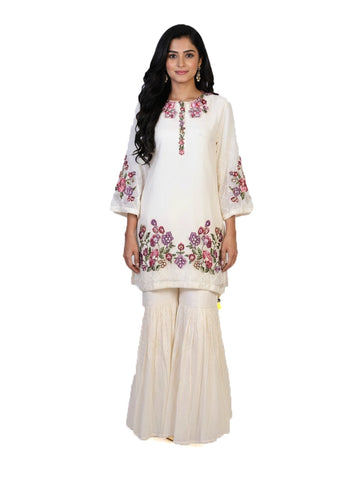 cream floral embroidered kurti with pants for women elegant ethnic wear with flared bottom