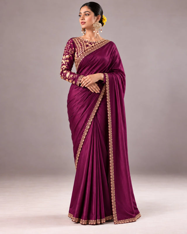 Elegant Designer Saree with Embroidered Border & Statement Blouse