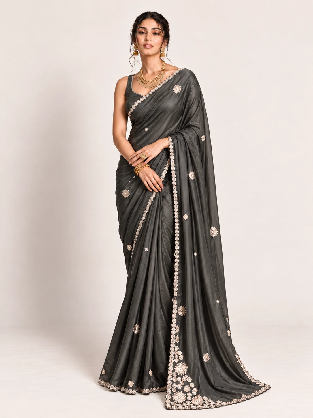 Grey Embroidered Saree with Pearl Lace Border