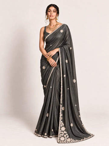 Grey Embroidered Saree with Pearl Lace Border