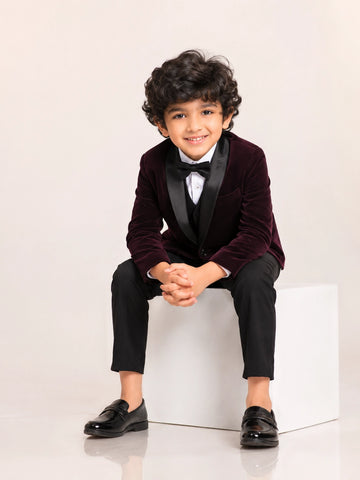 Boys Dark Purple Embroidered Waistcoat Suit