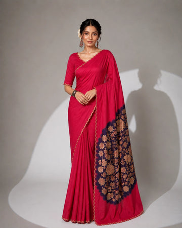 Rani Designer Saree with Floral Printed Pallu & Elegant Border