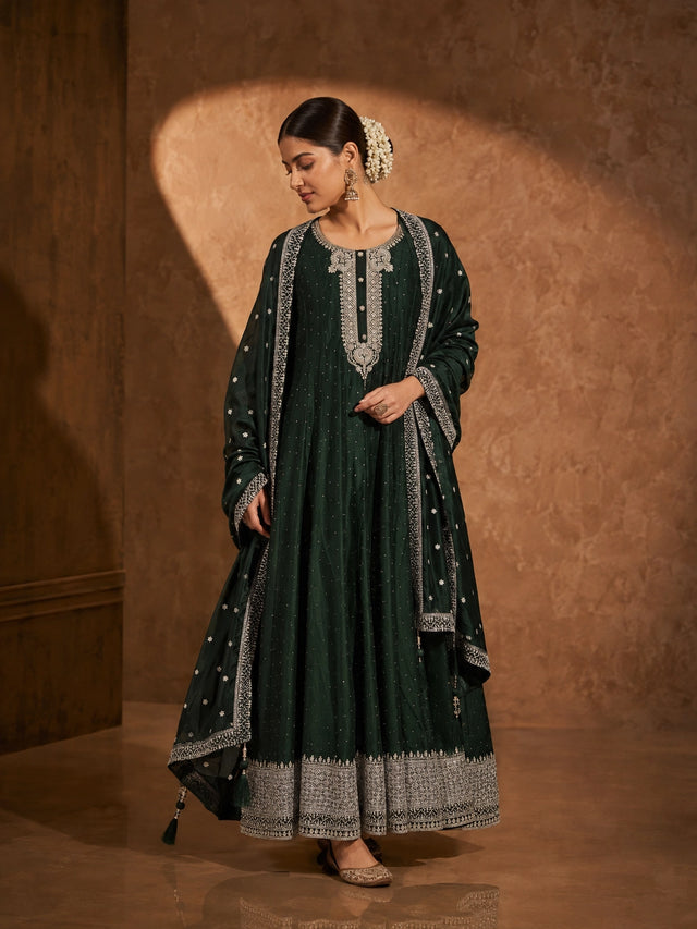 Elegant Emerald Green Embroidered Anarkali Suit Set