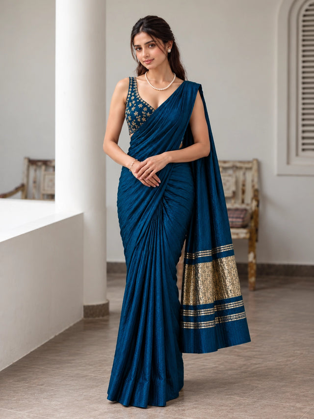 Designer Saree with Embroidered Border & Matching Blouse