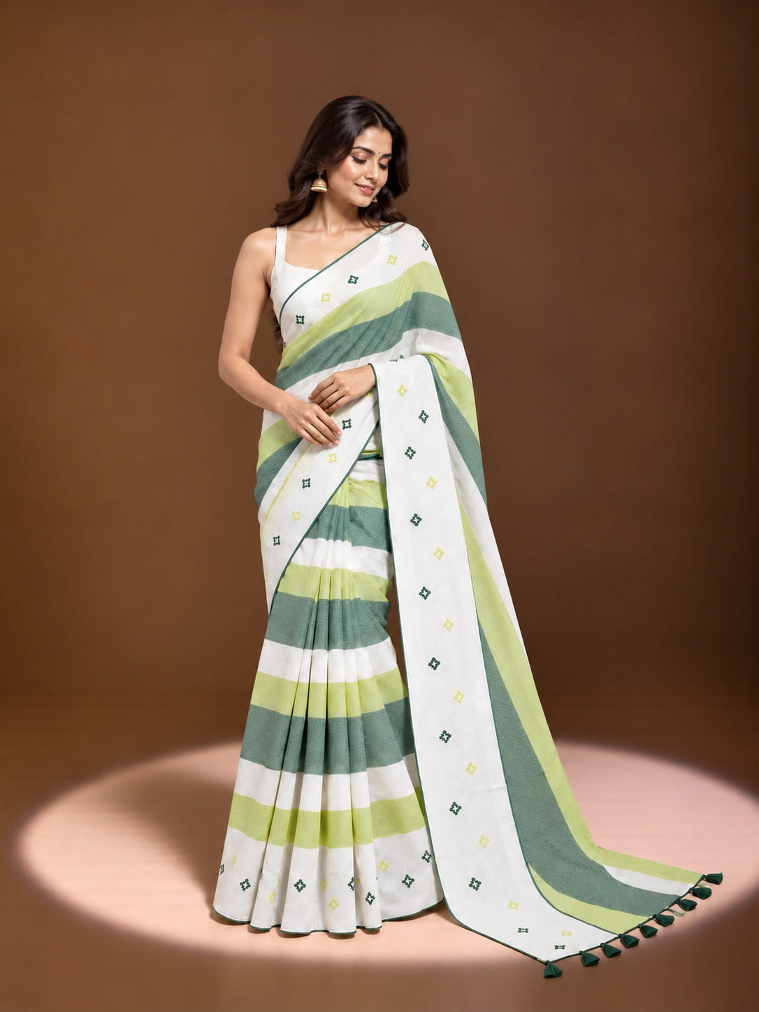 Designer Striped Cotton Saree with Floral Motifs & Contrast Border