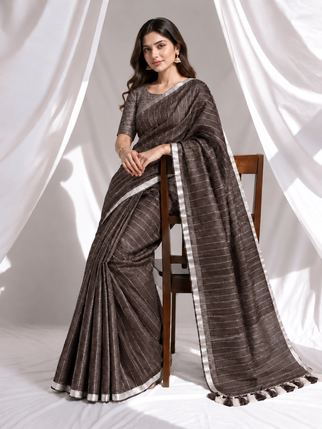 Striped Woven Saree with Metallic Border & Tassel Pallu | Elegant Ethnic Saree