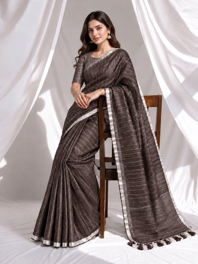 Striped Woven Saree with Metallic Border & Tassel Pallu | Elegant Ethnic Saree