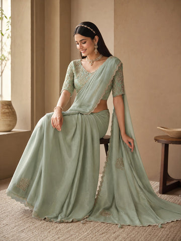 Sky Blue Embroidered Designer Saree with Sequins Work | Party & Wedding Wear Saree