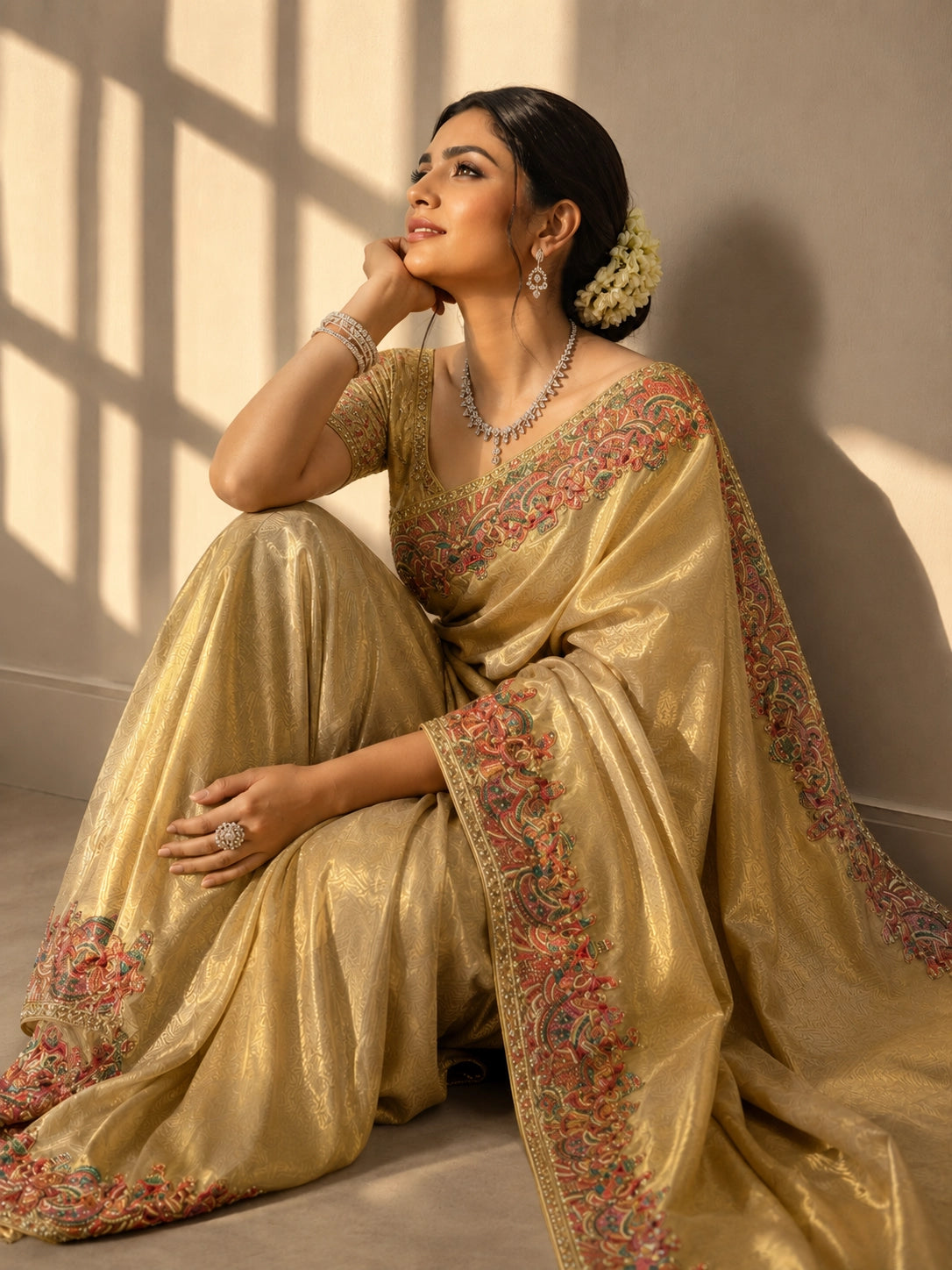 Beige Designer Saree with Multicolor Embroidered Border | Premium Ethnic Wear