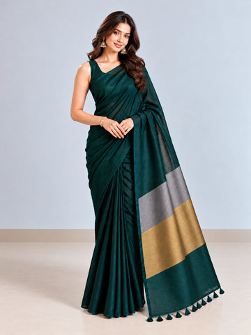 Elegant Green Woven Silk Saree with Designer Border & Tassel Detail