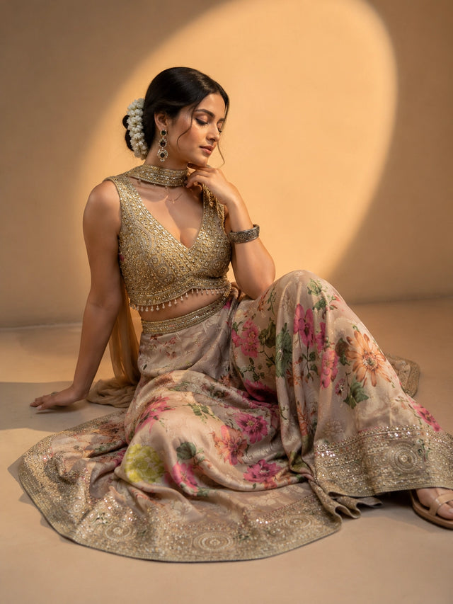 Elegant Beige Floral Designer Sharara Set with Embroidered Blouse