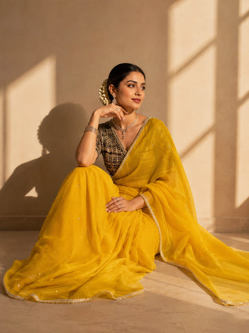 Elegant Mustard Saree with Black Brocade Blouse