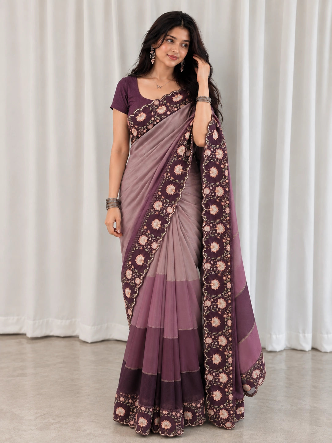 Exquisite Wine  Embroidered Saree